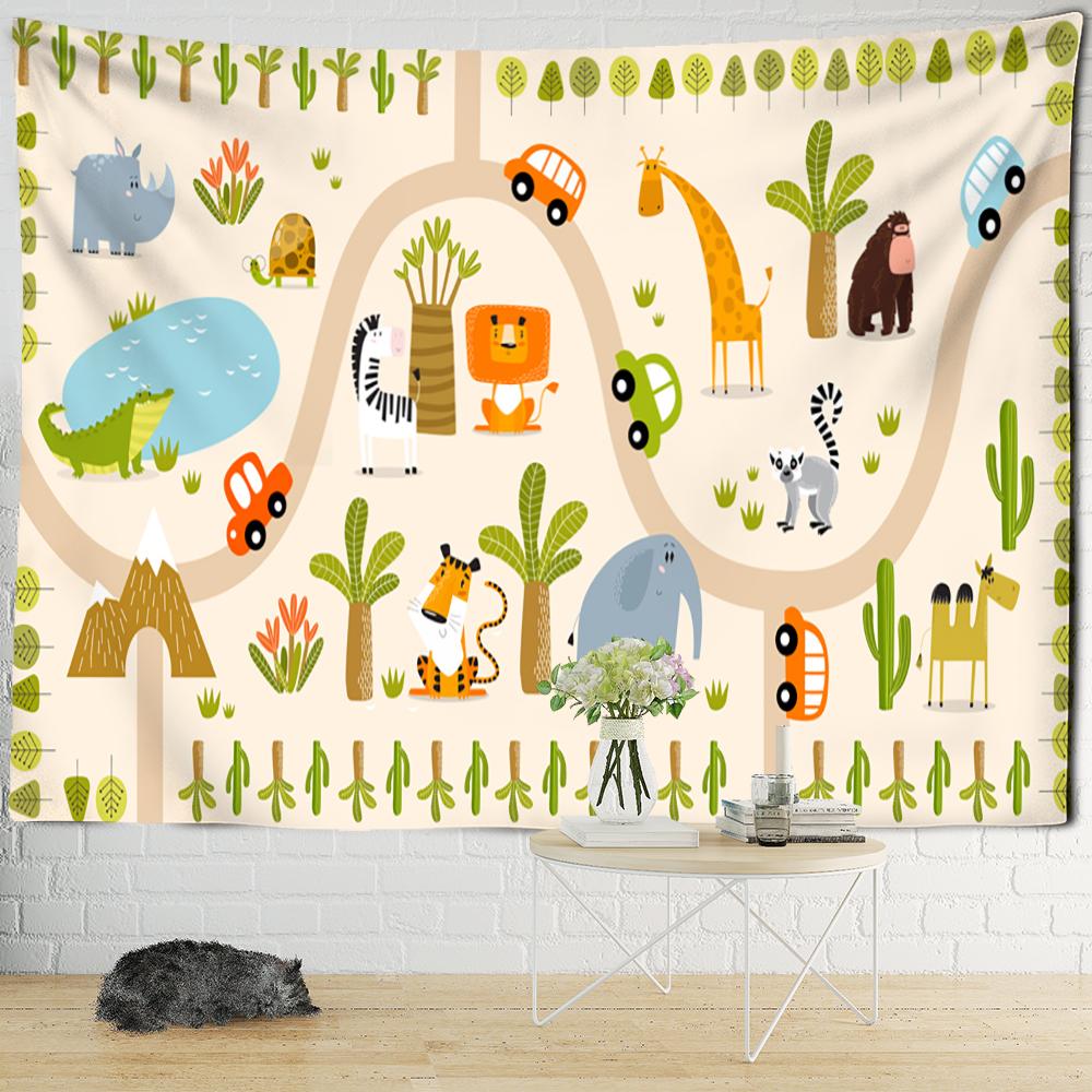 Гобелен с мультяшным поездом и животными, настенный гобелен Kawaii, милый бохо-арт, минималистичный хиппи для девочек, общежитие, декор для детской комнаты, ткань
