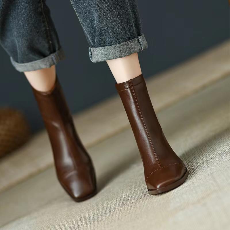 Модные женские ботильоны с квадратным носком на высоком каблуке, меховые зимние ботинки, короткие, плюшевые, 2024, трендовые, челси, ретро, мягкая кожа, осенние, готические, Botas Mujer