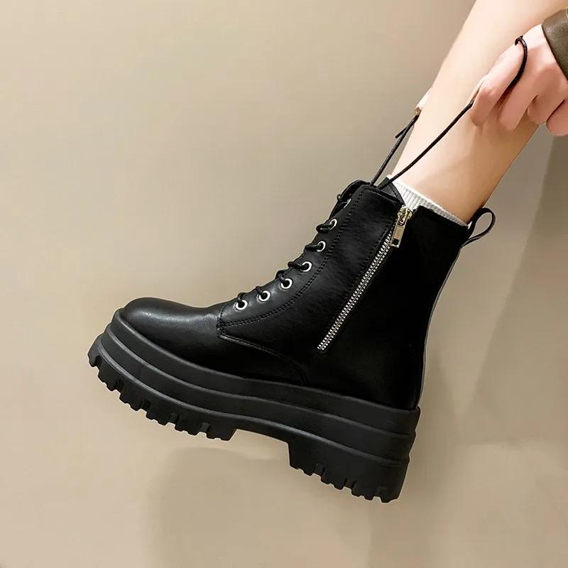 Fashion Women's Fashion Boots Thick Sole High Heels Trifle Base Side Zip Black Boots Outdoor Women's Shoes Commuting Spring and Autumn