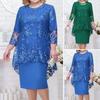 1 Set Elegent Beauty Lady Dress Plus Size Midi Cover Up Dress Embroidery Lace Flower O-neck High-Waist 44624 Sleeve Lady
