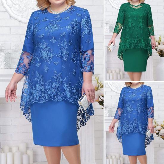 1 Set Elegent Beauty Lady Dress Plus Size Midi Cover Up Dress Embroidery Lace Flower O-neck High-Waist 44624 Sleeve Lady