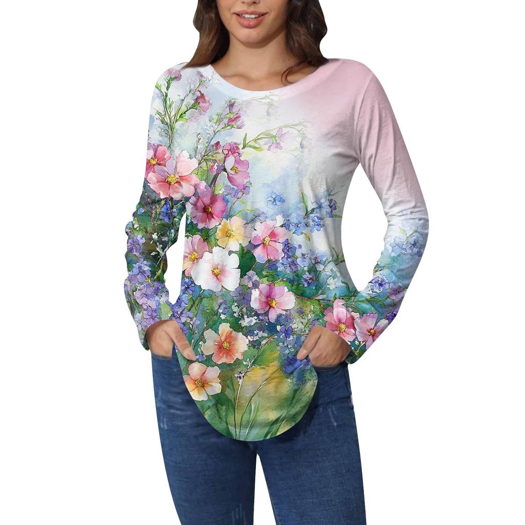 Рубашки для женщин Милые винтажные узоры с принтом Футболка с длинным рукавом Туника Топы Хлопковые пуловеры