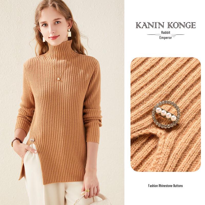 TUHUANG Women's Thickened Ribbed High-Neck Wool Blend Sweater with Split Hem