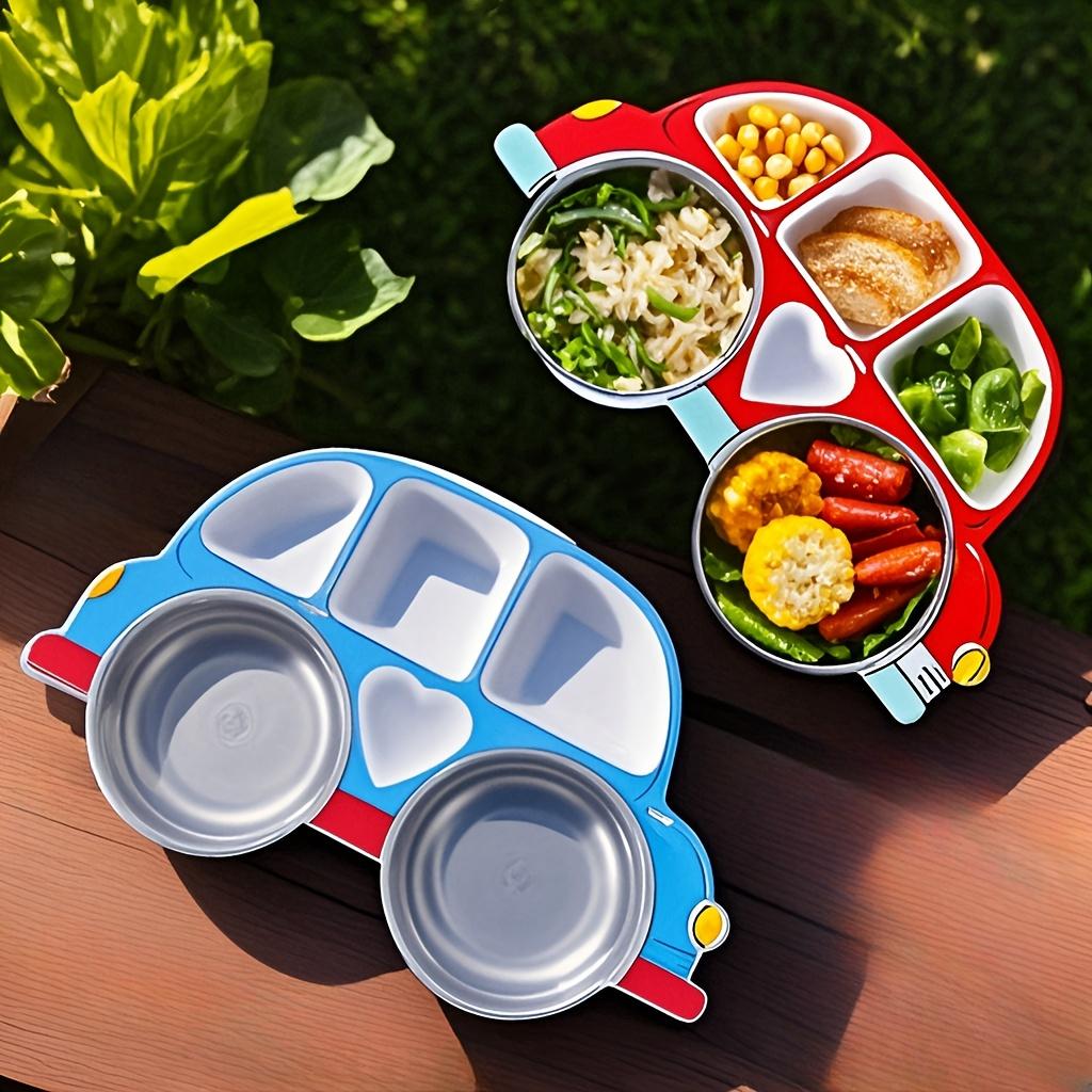 Детский набор посуды из нержавеющей стали с мультяшной машинкой и крышкой - прочная, устойчивая к падениям посуда для использования на улице и дома - включает 1 разделенную тарелку, 2 миски