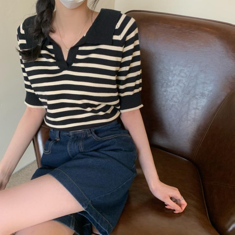 Ленивый Ветер Полосатый Пуловер с V-образным вырезом Женский Летний Сто Свободный Короткий Рукав Вязаная Рубашка Топы Повседневный Базовый Комфортный Стиль Приталенный Пуловер Футболки