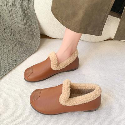 Ретро-туфли-бини с мягкой подошвой, женские осенне-зимние туфли-лоферы с одной педалью в британском стиле, теплые повседневные туфли из кожи