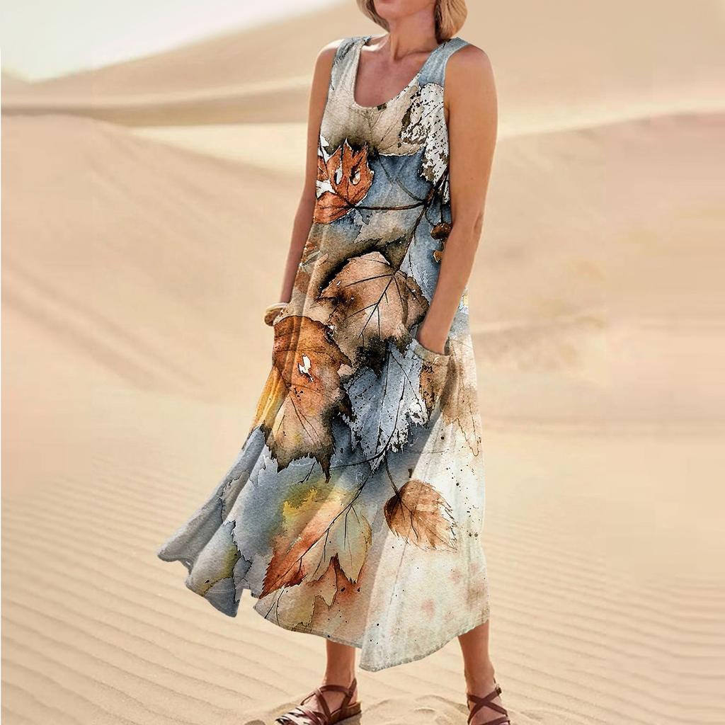 Женское летнее повседневное модное платье без рукавов с круглым вырезом и карманом в стиле ретро