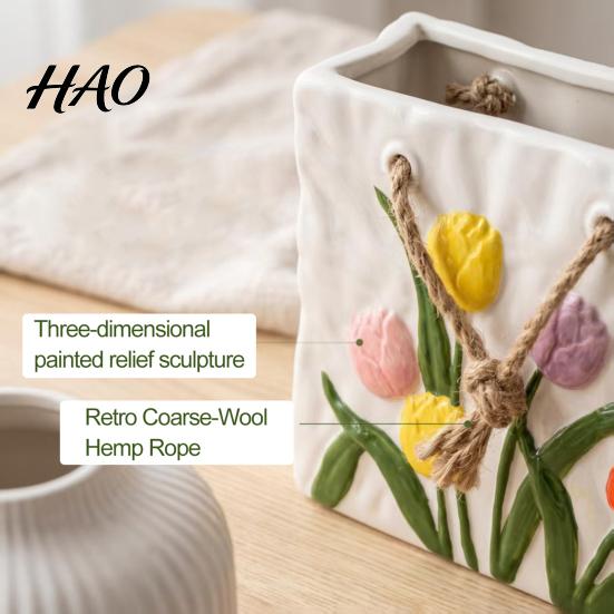 Unique Gift for Women Handbag Shaped Ceramic Vase, Tulip Flower Embossed Modern Large Tote Bag Artistic Living Room Decor Storage Box with Jute