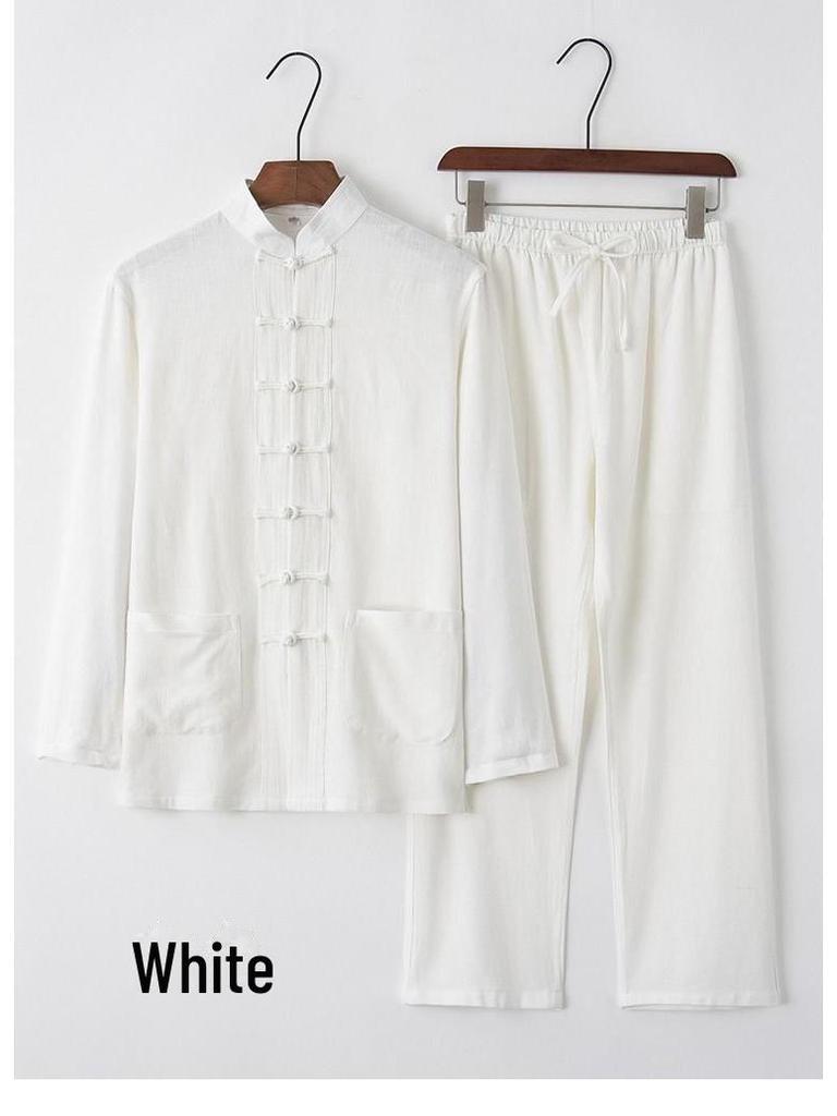 Men's Retro Chinese Style Cotton-Linen Long-Sleeve Tang Suit Hanfu Tai Chi Zen Top