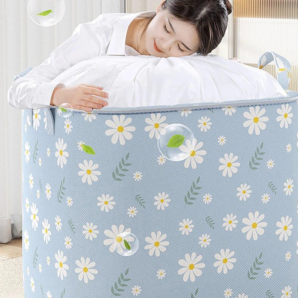 100/140/180L Clothes Organizer Box Large Capacity Daisy Quilt Bins Foldable Stackable for Blanket Comforter Clothing Bedding