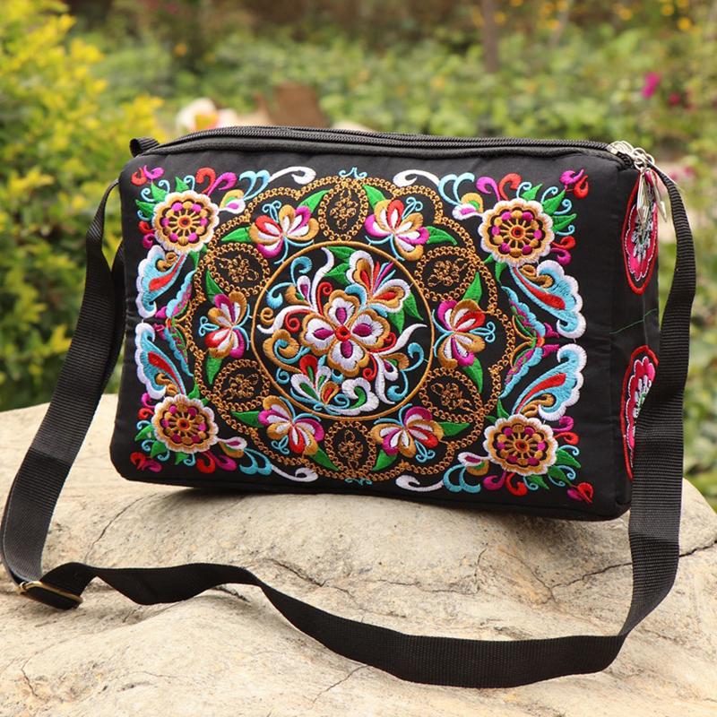 Yogodlns Сумка на плечо Юньнань, сумка с вышивкой в ​​этническом стиле, сумка через плечо, женская сумка, увеличенная тканевая сумка на три молнии, большая вместительная квадратная сумка