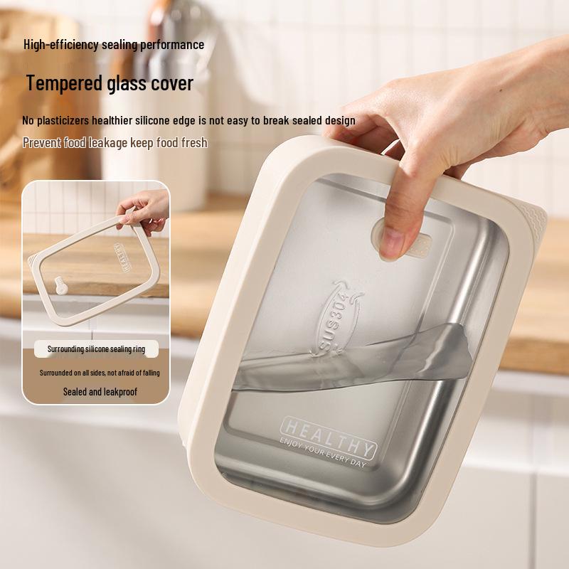 Корейский квадратный ланч-бокс из нержавеющей стали 304 с герметичной стеклянной крышкой - Подходит для микроволновой печи