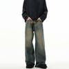 Autumn American Trend: Men's Loose Retro Yellow Mud-Dyed Straight Jeans, Washed & Distressed Wide-Leg Style