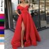 Women's Dress Deep V - Neck, Satin, Multi Color, High Slit Evening Gown Long Gown with Off Shoulder Design and High Slit Skirt