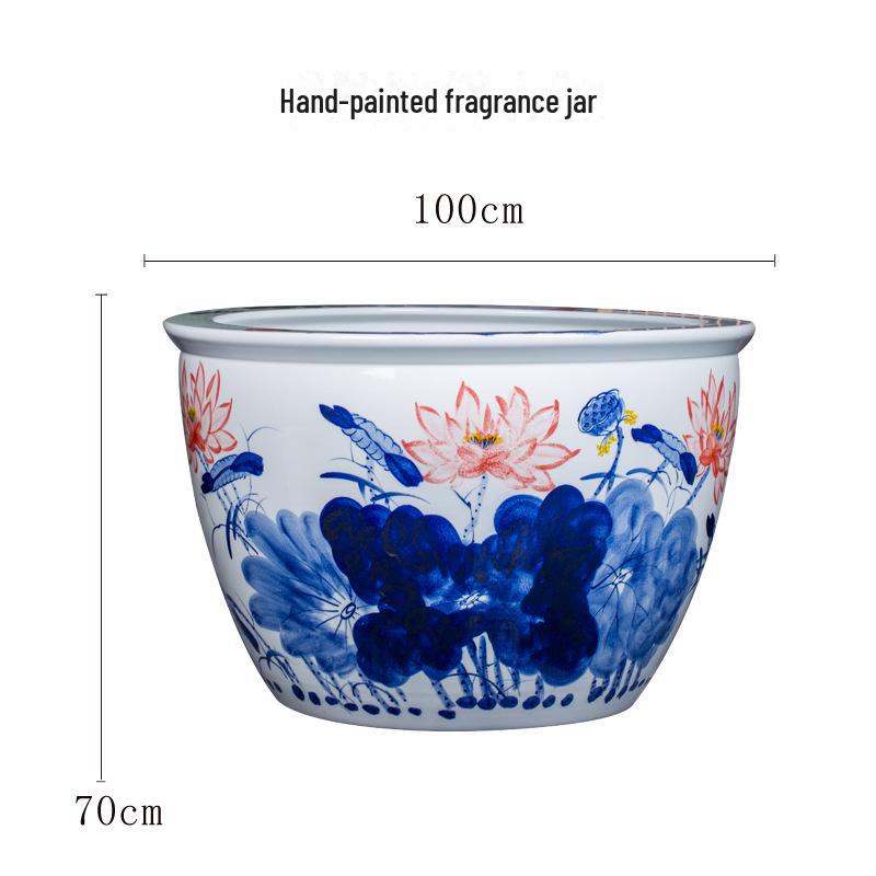 Large Blue and White Porcelain Feng Shui Lotus Jar for Courtyard
