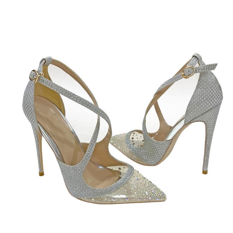 Fashionable New Silver Colored Diamond Mesh High Heels, Women's Thin Heeled Pointed Shoes, Cross Strap Sandals