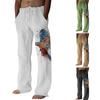 Men's Loose Casual Solid Color Cotton Linen Trousers Elastic Tie Printed Straight Pants