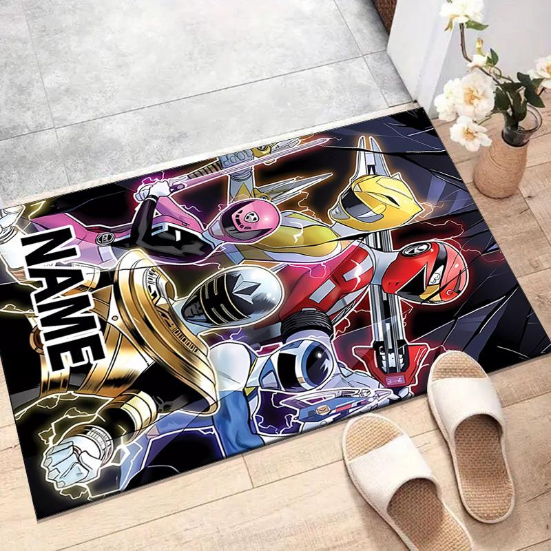 Custom Mighty Morphin Power Rangers Mat Personalized Name, Polyester Washable Indoor Entryway Rug, Gift for Christmas, Easter, Thanksgiving Day