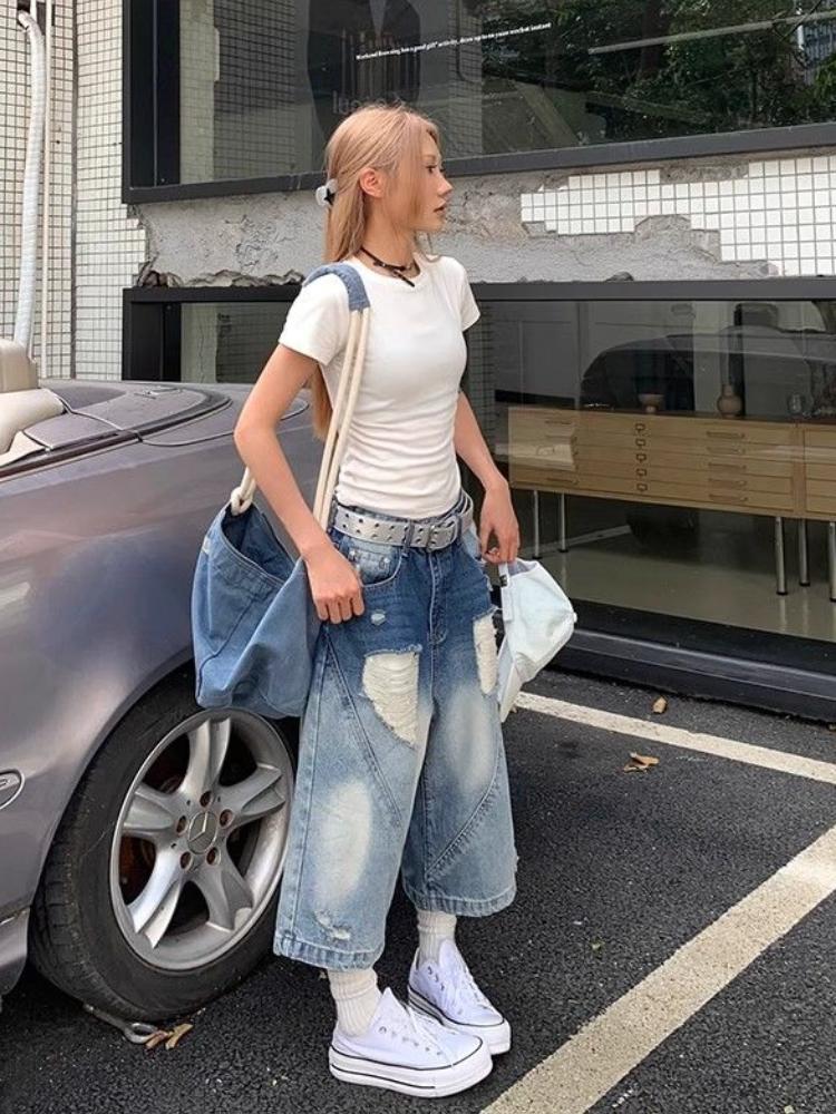 90s Plus Size American Retro Ripped Cropped Jeans Women Y2k Design Sense Shorts Loose High Waisted Straight Wide Leg Pants