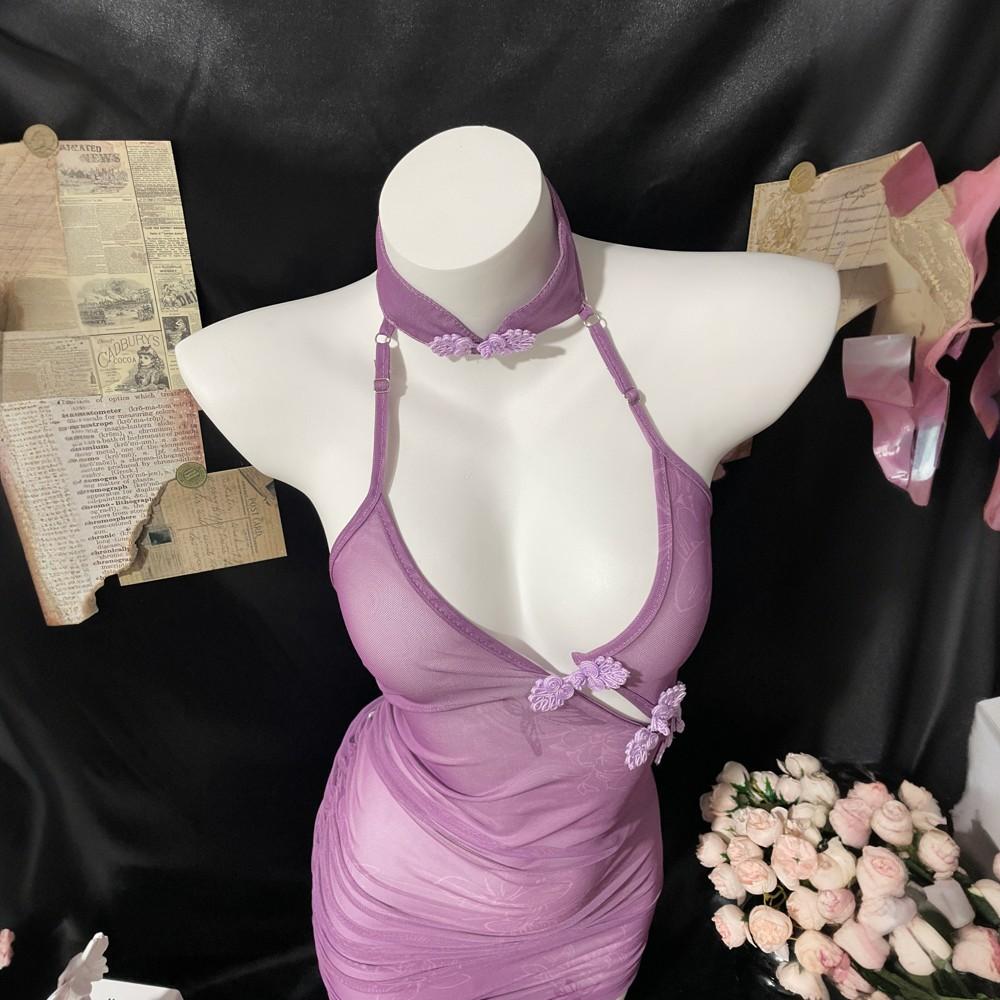 Сексуальное нижнее белье Pure Desire Фиолетовый Cheongsam Сексуальная пижама Женская антикварная бабочка Любовь Цветок Перспектива ремень Униформа Бесплатно
