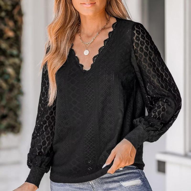 Fashion V-neck Loose Lace Patchwork White Shirt Women Elegant Vintage Lantern Sleeve Loose Women's Blouses Hollow Out Solid Casual Shirts New 26351