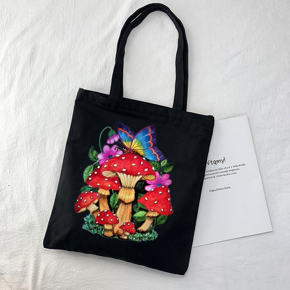 Women Canvas Shoulder Bag London Colorfull Mushroom Print Ladies Casual Handbag Tote Bag Reusable Large Capacity Cotton Shopping Beach Bag