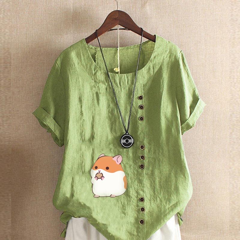 Женская модная футболка с круглым вырезом и коротким рукавом, повседневная рубашка из хлопка и льна с рисунком, свободная летняя блузка с принтом Hamster Life, топы