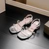 Silver Rhinestone Word with Thick Heel Open-toed Sandals Women's Middle Heel Temperament Sandals