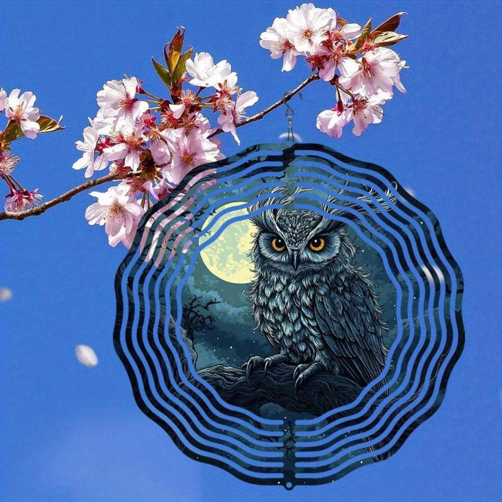 Enchanting Owl on Branch 2D Metal Wind Spinner for Garden Patio Decor Rotating Outdoor Art with 360 Hook Durable Reflective Thanksgiving