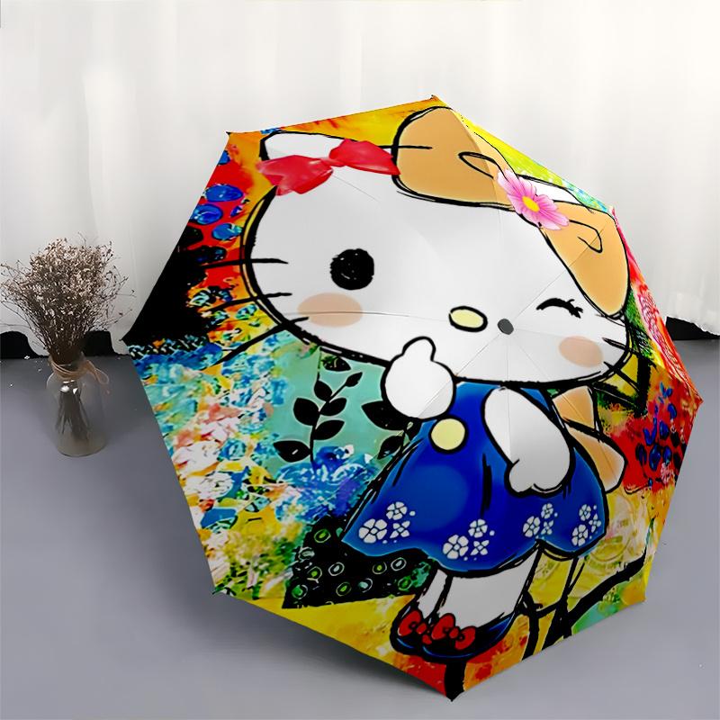 1pc Hello Kitty Automatic Opening/Closing Umbrella with Floral Print - Portable Three-Fold Design, 8-Bone Iron Frame Outdoor Umbrella for Festivals, T