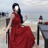 Праздничный стиль без рукавов с вырезом красное платье женское летнее Юньнань Санья атмосфера отпуска у моря длинное платье
