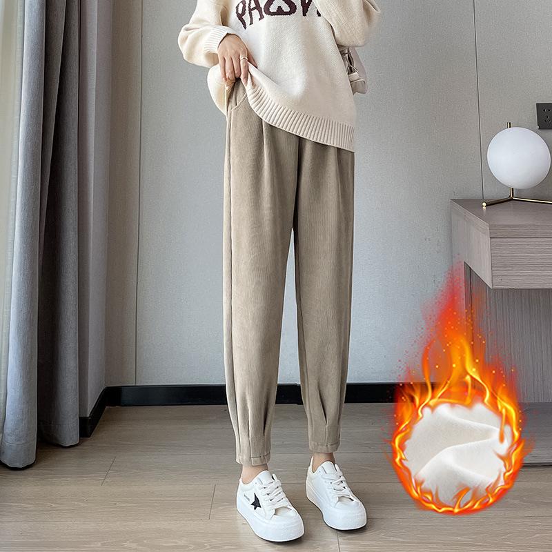 Женские большие размеры брюки-джоггеры гаремы с высокой талией - Весенне-осенние утягивающие флисовые брюки с манжетами