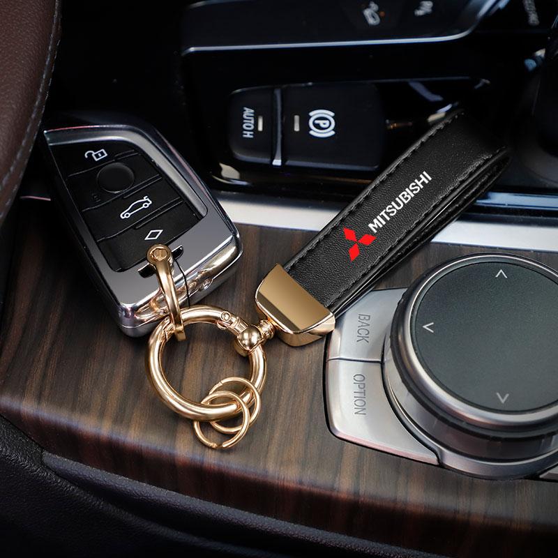 Bilnyckelringar i läder med emblem – Nyckelring för Mitsubishi Ralliart Outlander Lancer Ex Galant Attrage Xpander Mirage Pajero