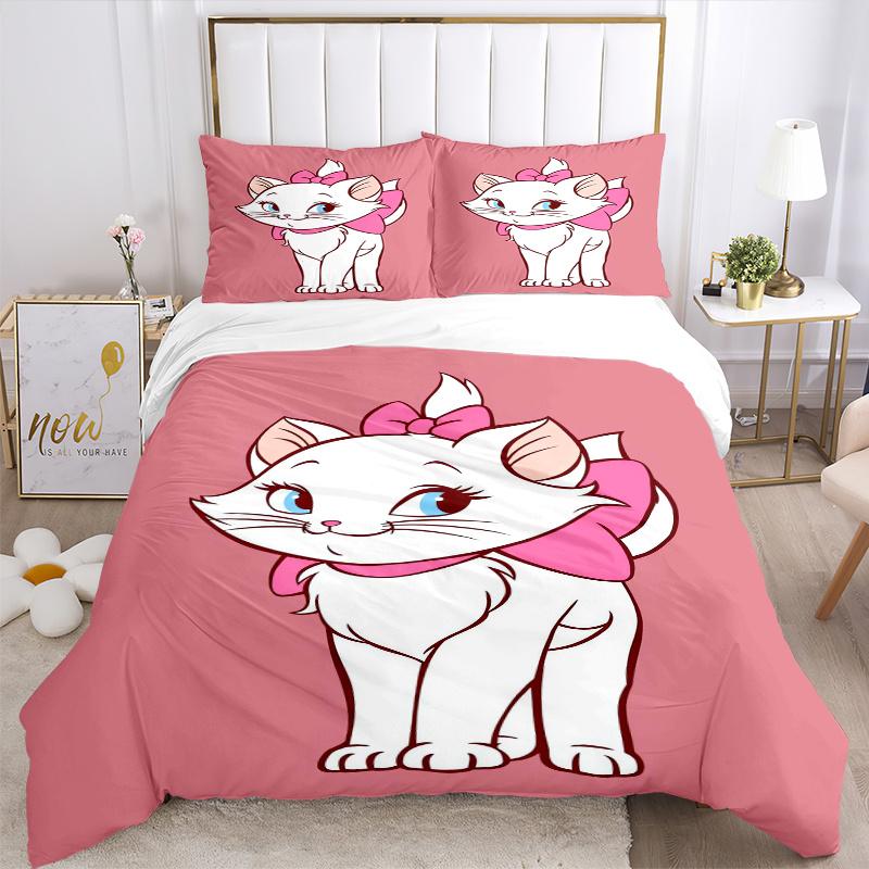 3pcs Adorable Aristocats Marie Cat Pink Bow Printed Bedding Set, Soft and Comfortable Quilt Cover for Bedroom, Guest Room (1 Duvet Cover + 2