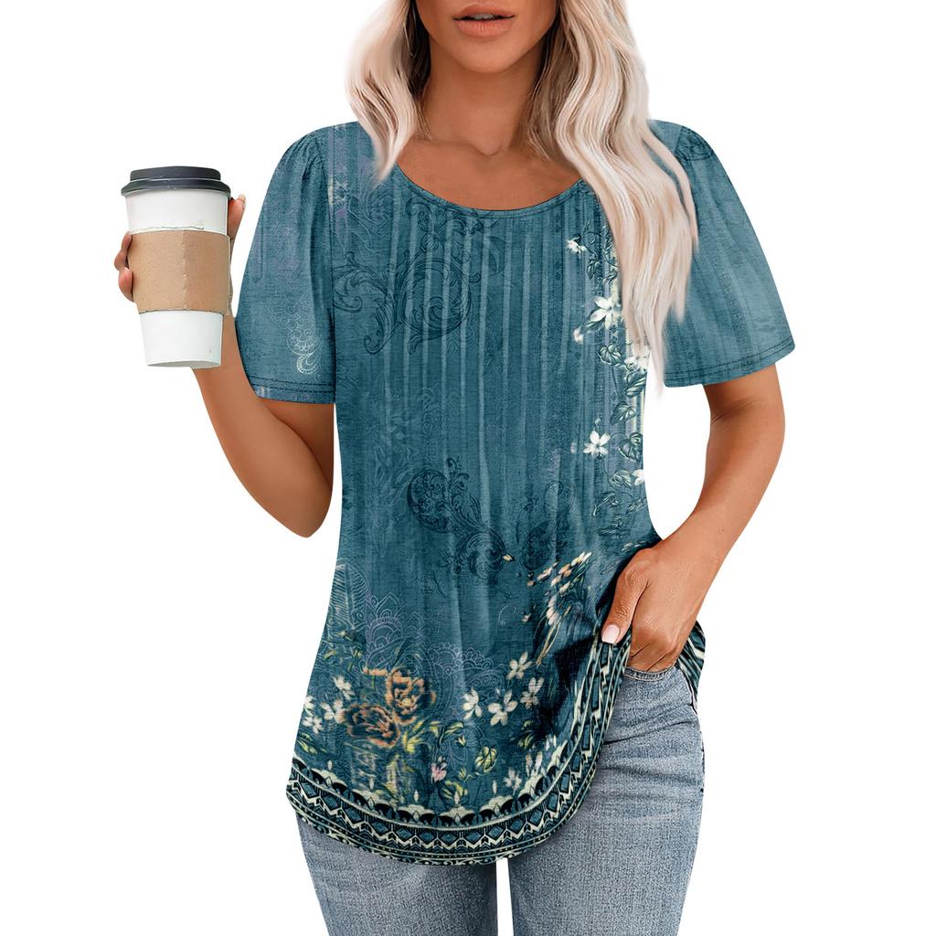 Women's Fashion Printed Casual Pleated Round Short Sleeve T-Shirt Top
