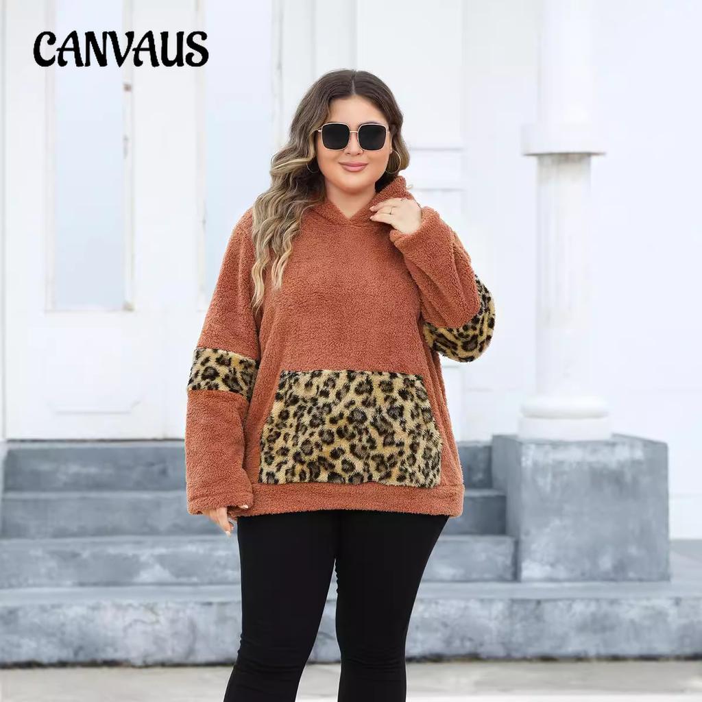 Women's Plus Size Hooded Leopard Print Pocket Patchwork Plush Hoodie