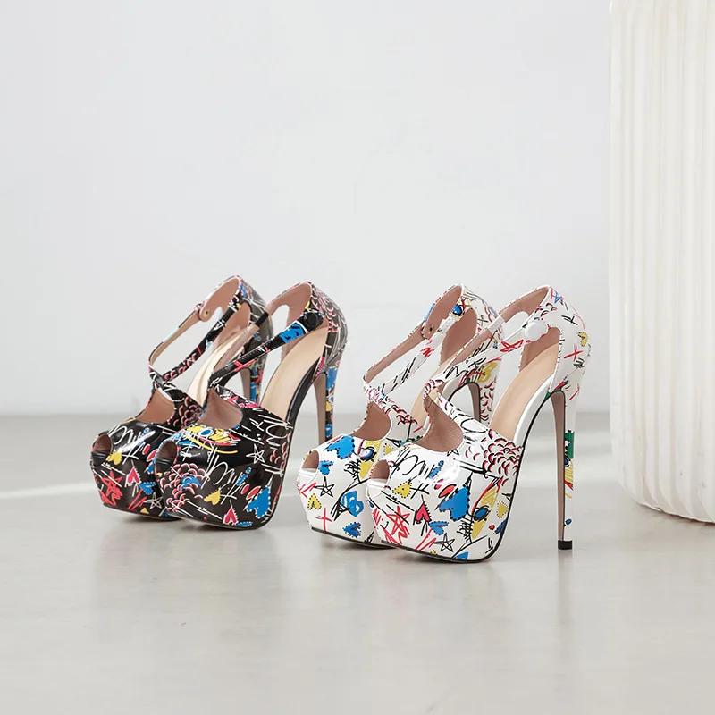 Дизайн бренда Туфли-лодочки на платформе из расписанной вручную кожи Женские Сексуальные с открытым носком 16 см Экстремально высокие каблуки-шпильки Вечерние банкетные туфли