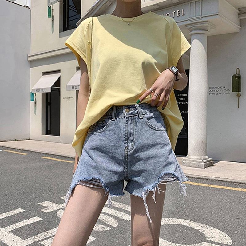 Удобные узкие модные и универсальные джинсовые шорты женские с высокой талией летние свободные широкие брюки неровные необработанные края с дырками тонкие брюки трапециевидной формы