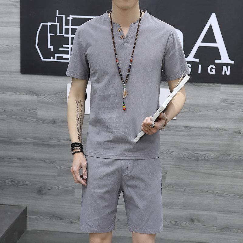 Мужской льняной костюм в китайском стиле с короткими рукавами в стиле Тан и комплект из двух предметов в стиле ханьфу в стиле Чжуншань-дзен