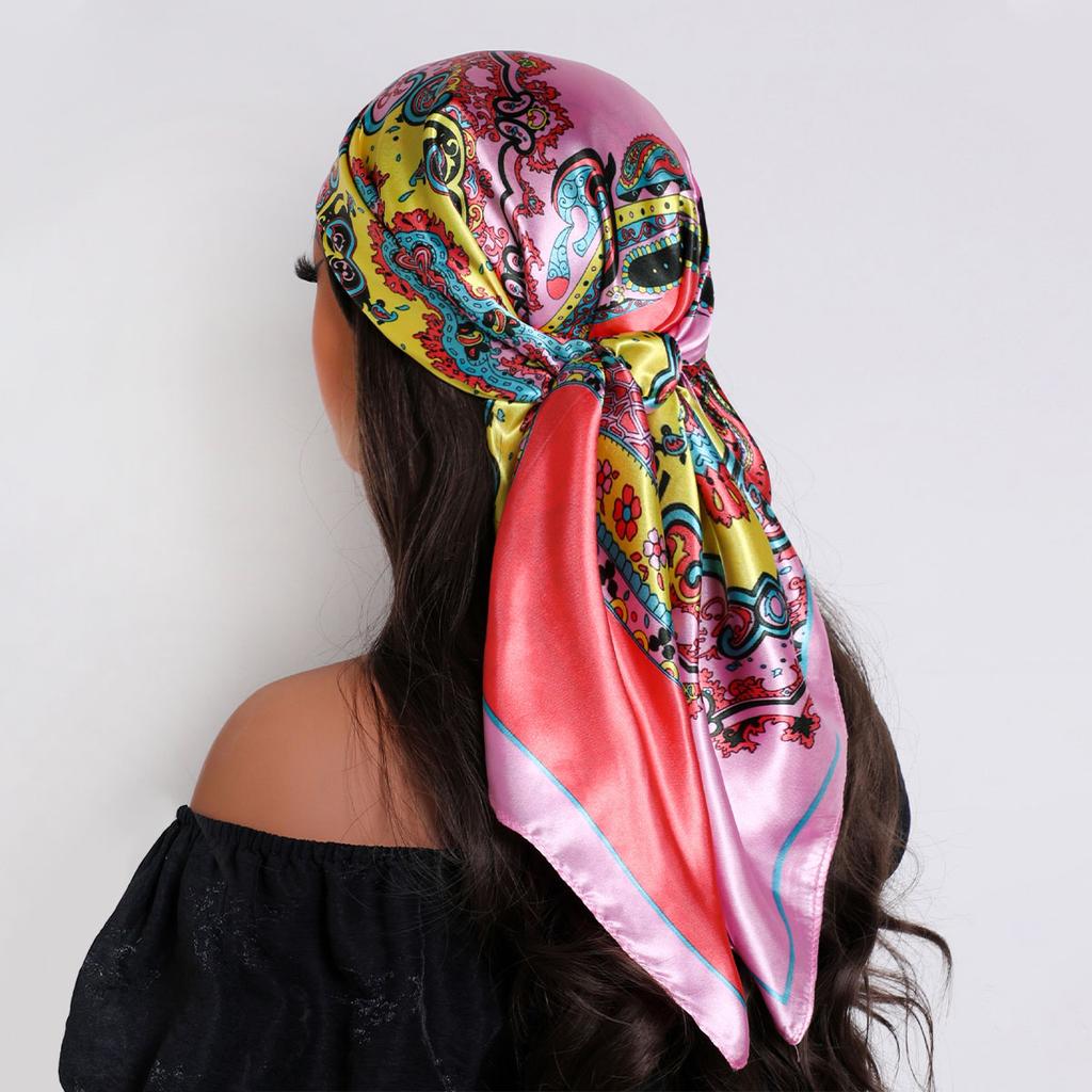 New 90*90cm Retro Brand Women Silk Scarf Bandanna Fashion Bohemian Pattern Square Hijab Lady Wrap Headband Foulard Muffler