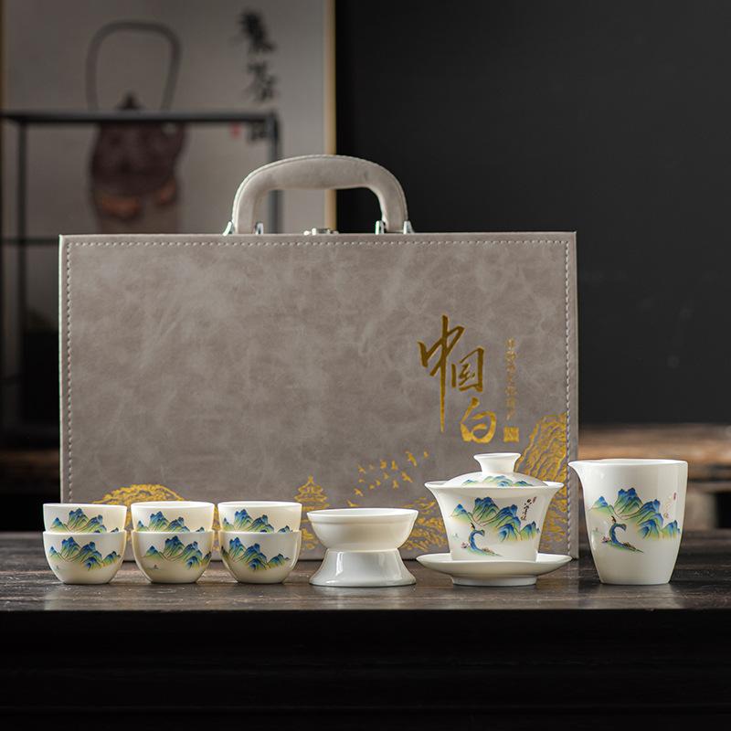 White Porcelain Kung Fu Tea Set Gift Box High-end Travel Tea Set Cover Bowl Teacup Suet Jade