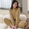 2 Pcs/Set Winter Pajamas Set Thickened Coral Fleece Checked Texture Round Neck Long Sleeves Top Wide Leg Elastic Waist Trousers Homewear Loungewear