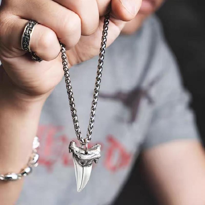 Настоящее серебро, винтажное ожерелье с зубом акулы, кулон, мужская цепочка из стерлингового серебра S925, кулон, ювелирное изделие, подарок