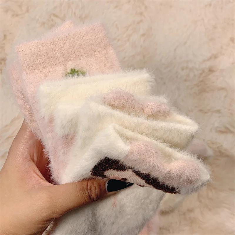 1/3 Pairs Ladies' Socks Pack Autumn Winter Thickened Warm Plush Floor Socks Pink Cartoon Cute Kawaii Sweet Mid Tube Socks Girl