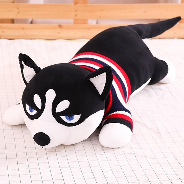 Funny Dressed Husky Pillow Stuffed Doll Stripe Sweater Soft Husky Lying Plush Toy Charming Dog Animals Kids Birthday Gift