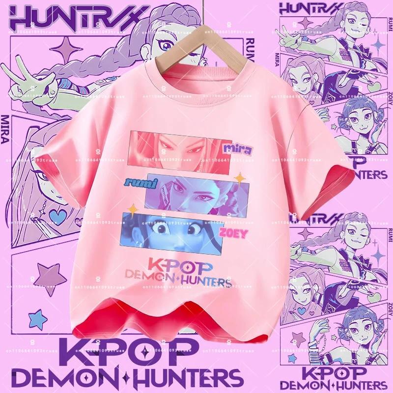 Детская хлопковая футболка Kpop Demon Hunters 100% для девочек - Повседневная футболка с мультяшным принтом - Летняя спортивная футболка с коротким рукавом