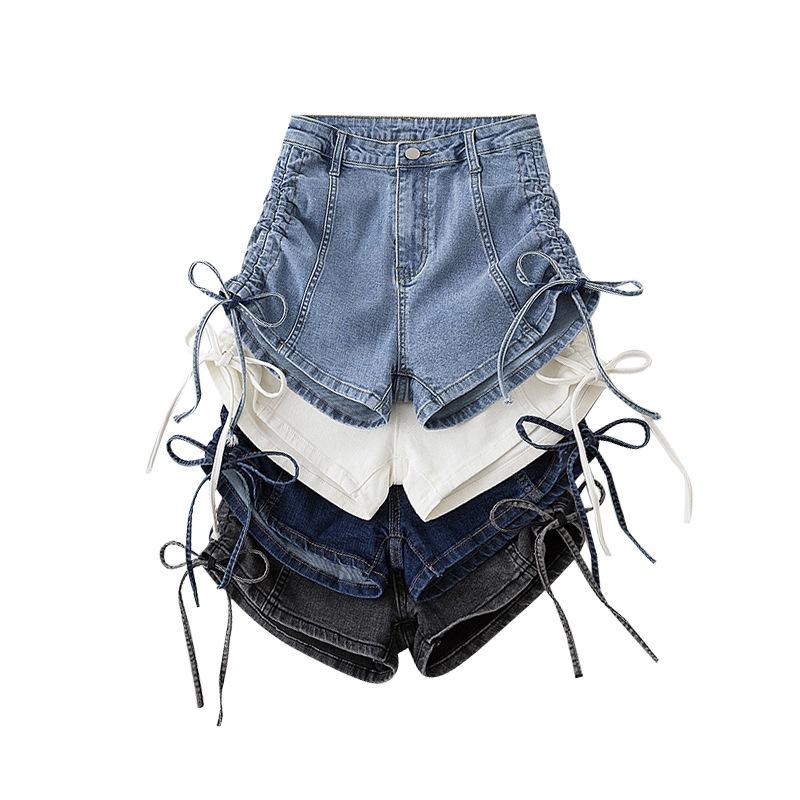 Summer New Design High Waist Side Drawstring Wide Leg Denim Shorts Women Short Jeans Tide Shorts