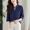 Summer Elegant Fashion Embroidery 3/4 Sleeve Solid Color Cotton Shirt Women V-neck Casual Cardigan Blouse
