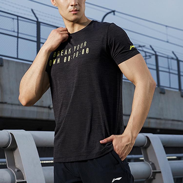 Li Ning Running Collection T Shirts Men's Black Crew Neck Moderate Straight Fit ATSQ065-1
