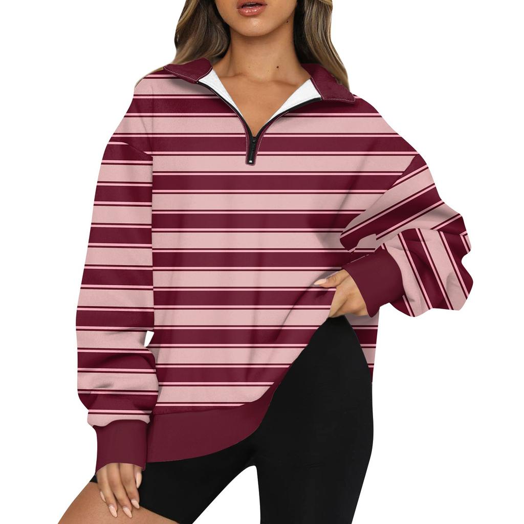 Women's Fashion Lapel Striped Printed  Long Sleeve Zip Sweatshirt Top